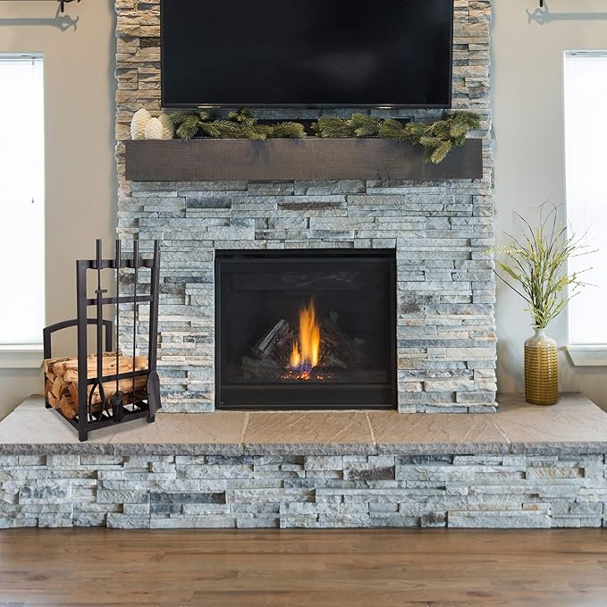 5-Piece Fireplace Tool Set and Log Rack - Mission-Style Firewood Holder with Shovel, Broom, Tongs, and Poker for Hearth by Lavish Home (Matte Black)