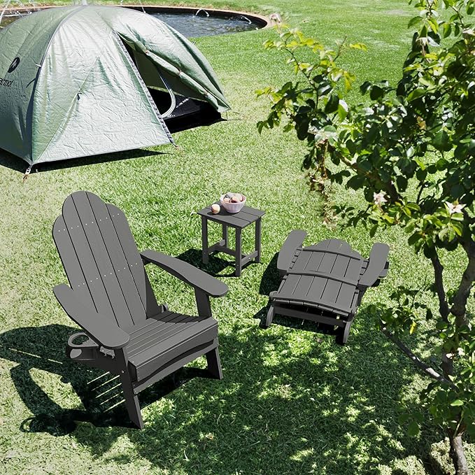 LUE BONA Folding Adirondack Chair 3 Piece Set, Dark Gray HDPS Outdoor Chair with Side Table & Cup Holder for Fire Pit Porch Seating