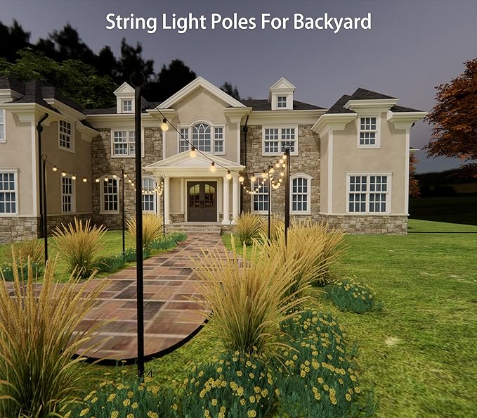 4 Pack 9.3Ft String Light Poles, Outside Metal Poles with Fork, Lighting Hanging Post Accessories for Patio Decor Garden Backyard Yard Front Porch Outside Decorations