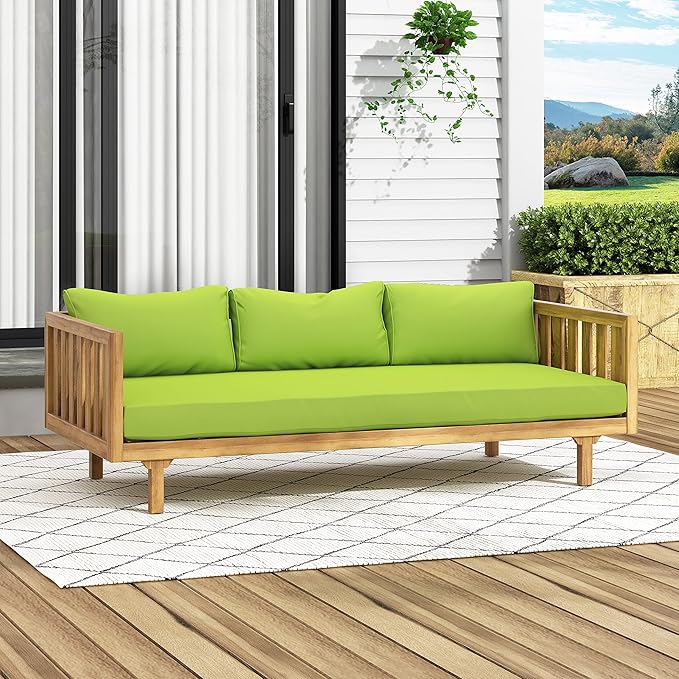 LUMISOL Outdoor Acacia Wood Daybed, Patio 3-Seater Sofa with Water-Resistant Cushions, Patio Conversation Set Outdoor Daybed with Wooden Armrests for Backyard, Deck, Poolside, Teak Green