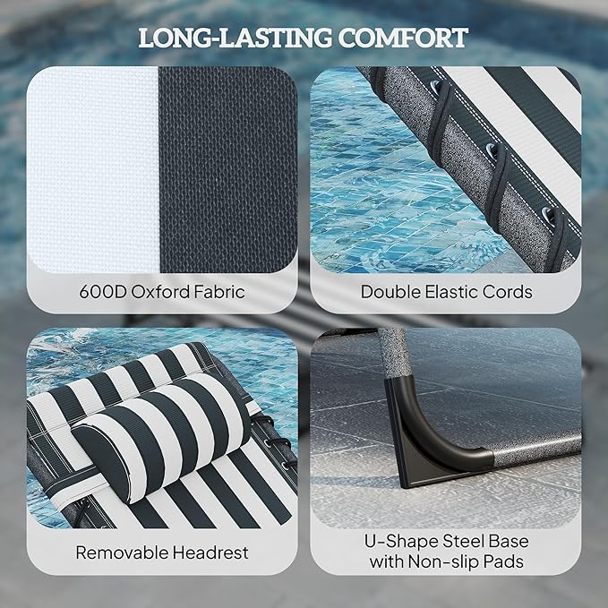 Outsunny Folding Chaise Lounge Chair Outdoor Tanning Chair with Side Table, 5-Level Adjustable Beach Lounge Chair with Headrest, Side Pocket for Patio, Backyard, Beach, Poolside, Blue and White