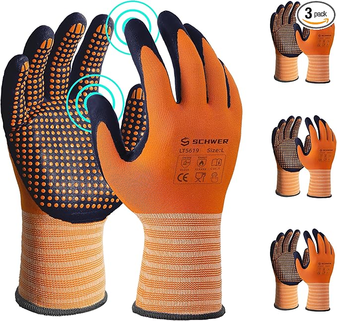 Schwer 3 Pairs Safety Work Gloves Micro-Foam Nitrile Coated, Level 4 Abrasion Resistant Nylon Working Gloves with Micro Dot Grip, Touchscreen, Used for General Use, Gardening, Mechanic, LT5619, L