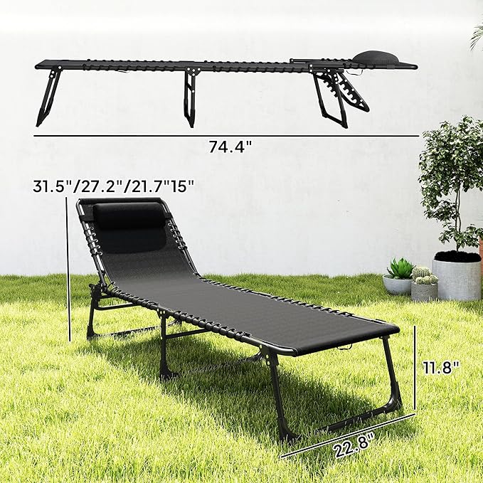 Outsunny Folding Chaise Lounge Chair, Patio Sun Tanning Chair, Outdoor Chaise Lounger with 4-Position Reclining Back, Breathable Mesh Seat for Beach, Poolside, Yard, Black