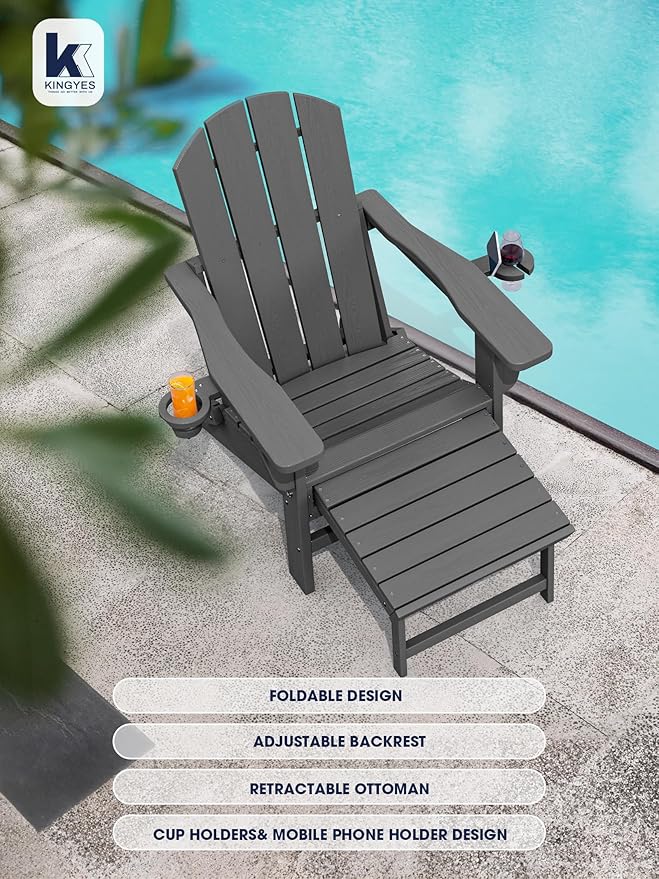 KINGYES Folding Adjustable Adirondack Chair with Ottoman & 2 Cup Holders Set of 4, HDPE Adirondack Recliner Chair with Footrest, Grey
