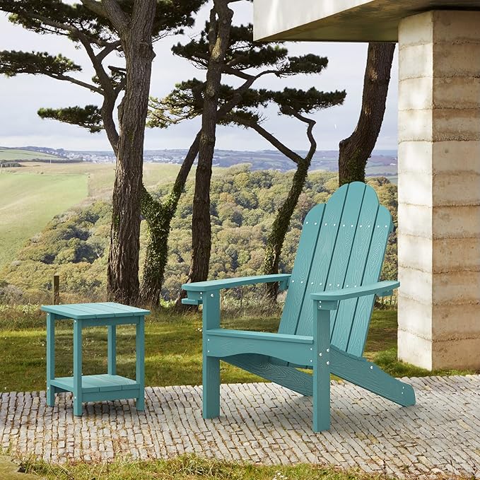 LUE BONA HDPS Adirondack Chairs Set of 4, Fire Pit Outdoor Chair Weather Resistant with Cup Holder, Modern Plastic Chair Plastic for Patio, Deck, Proch, 350LBS, Blue Turquoise