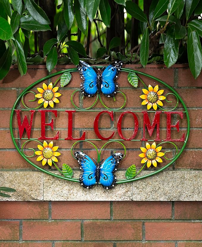 Glitzhome 23.75" L Welcome Wall Decor, Metal Rustic Sunflowers and Butterflies Decor Welcome Sign Wall Door Decoration for Home Outdoor Indoor Decorative Truck Metal Wall Hanging