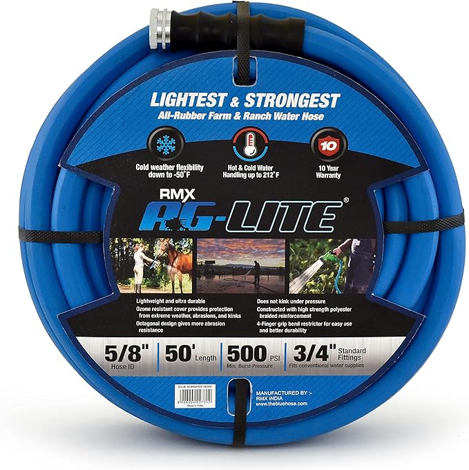 AG-LITE BSAL5850 5/8" x 50' Hot/Cold Water Rubber Garden Hose, 100% Rubber, Ultra-Light, Super Strong, 500 PSI, 50F to 190F Degrees, High Strength Polyester Braided
