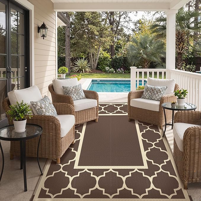 GENIMO 9' x 12' Outdoor Rug Waterproof for Patio Decor, Foldable Reversible Plastic Straw Area Rugs Mat for Camper, Outside Carpet for Rv, Deck, Porch, Picnic, Beach, Balcony, Coffee & Beige