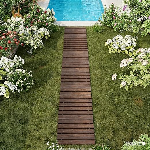 12FT Straight Wooden Garden Pathway Walkway Outdoor Roll Out Decorative Garden Non-Slip Patio Path Decorative Boardwalk Outdoor Road Floor for Backyard Beach Wedding Party