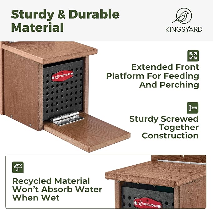 Kingsyard Squirrel Feeder Box for Outside, Recycled Plastic Squirrel Feeder with Removable Metal Front Panel & Perch, Easy to Fill & Clean, Weather-Proof Roof (Brown)