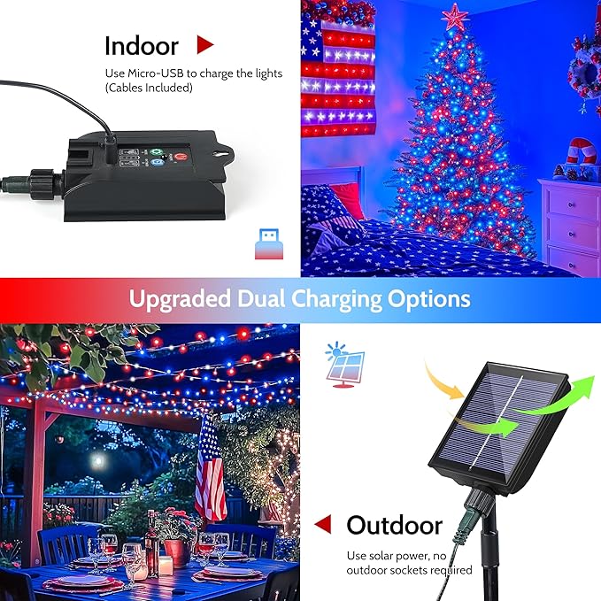 woohaha 2 Pack Red White and Blue Solar Lights,Total 400LED 144FT Patriotic Solar String Lights for Outside,Waterproof 4th of July Light for Independence Day,Garden,Tree,Fourth of July Decorations