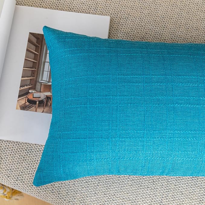 Kevin Textile Pack of 2 Outdoor Waterproof Throw Pillow Covers Decorative Square Outdoor Checkered Pillows Cushion Case Patio Pillows for Couch 12x20 inches 30x50 cm Peacock Blue