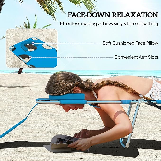 Outsunny Chaise Lounge Chair Outdoor with Face Arm Hole, 5-Position Reclining Face Down Tanning Chair with Carry Strap, Side Pocket, Portable Folding Bed Cot for Patio Beach Pool, Light Blue