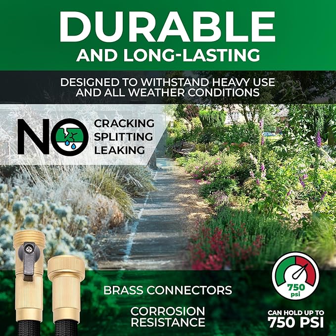 Garden Hose, NON-EXPANDABLE Garden Hose, Super Light Weight Hose, No Burst, 3/4 inch Solid Brass Connectors, 50 Ft, Black