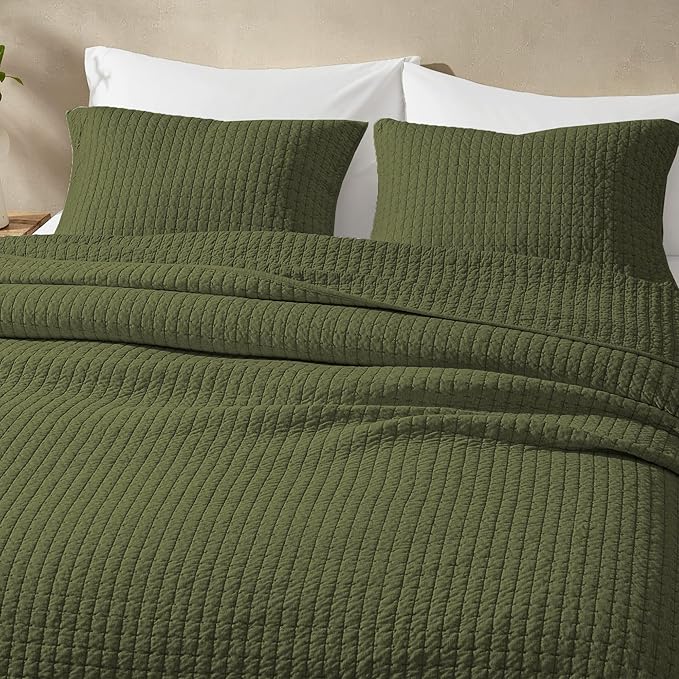 Wonderful Cotton Blended Jersey Knit King Quilt, Stitch Bedding Heather Olive Green Quilt with 2 Pillow Shams, Cloud Cloverlet, Soft Bedspread All-Season Use 104"x94"