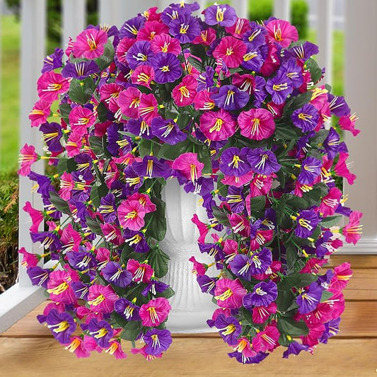 Artificial Fake Hanging Flowers Plants for Outdoor Outside Spring Summer Decoration 2PCS Faux Silk UV Resistant Realistic Morning Glory Trailing Vines for Home Porch Patio Balcony(Purple & Magenta)
