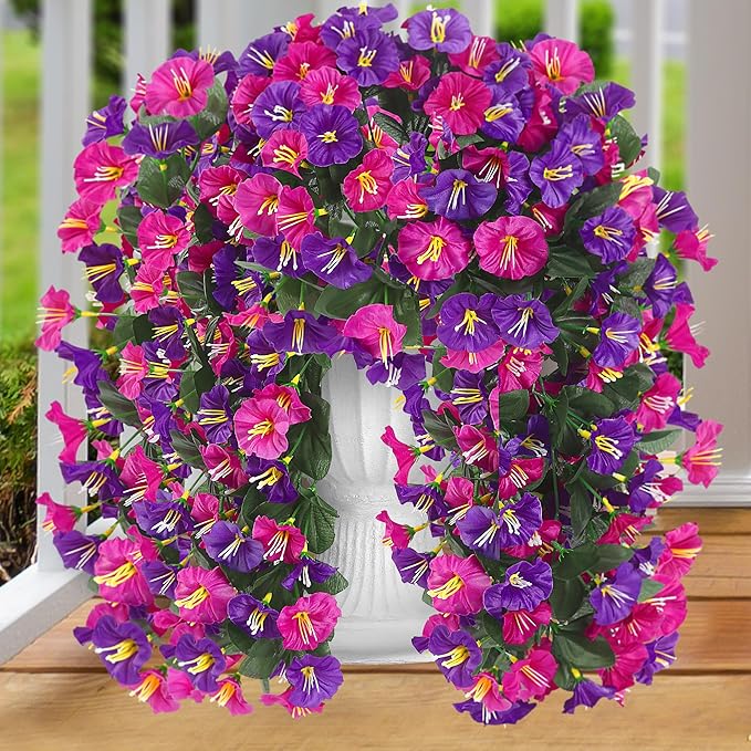 Artificial Fake Hanging Flowers Plants for Outdoor Outside Spring Summer Decoration 4PCS Faux Silk UV Resistant Realistic Morning Glory Trailing Vines for Home Porch Patio Balcony(Purple & Magenta)