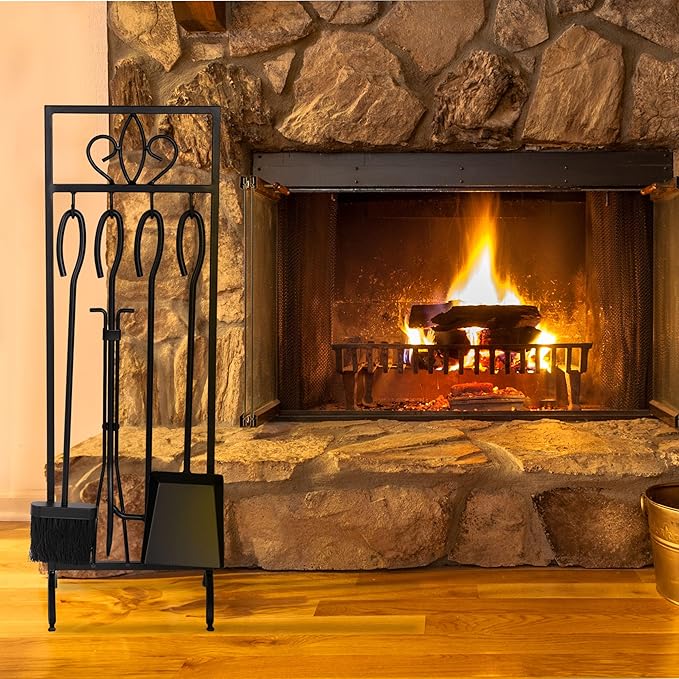 Lavish Home 5-Piece Fireplace Tools Set - Fire Tools for Fire Places, Fire Pits, and Woodstoves - Indoor/Outdoor Fireplace Accessories with Poker, Tongs, Brush, Shovel, and Stand (Black)