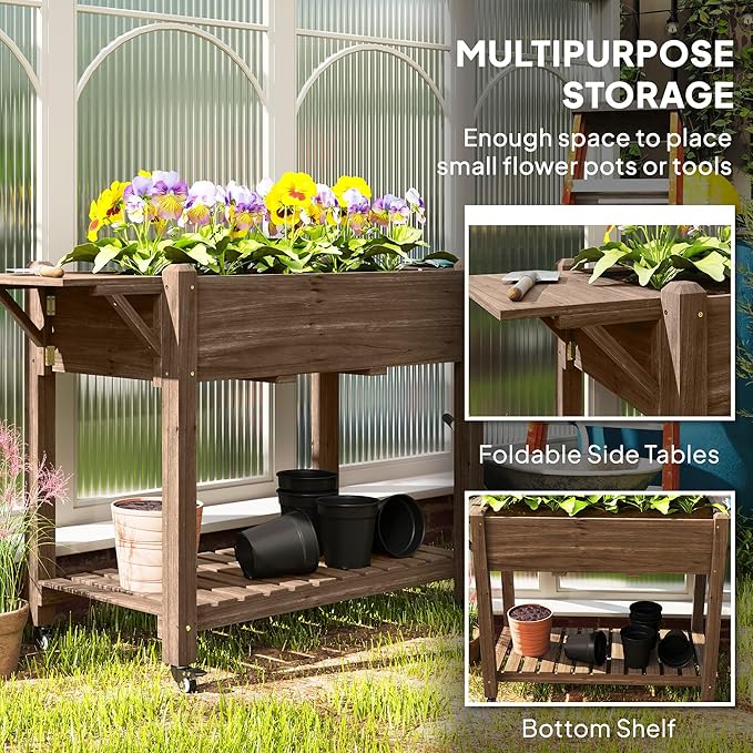Outsunny Raised Garden Bed, 57 x 20.5 x 34 in Wood Elevated Planter Box with Lockable Wheels, Side Tables and Bottom Shelf, Outdoor Raised Planter with Bed Liner and Drainage Holes, Carbonized