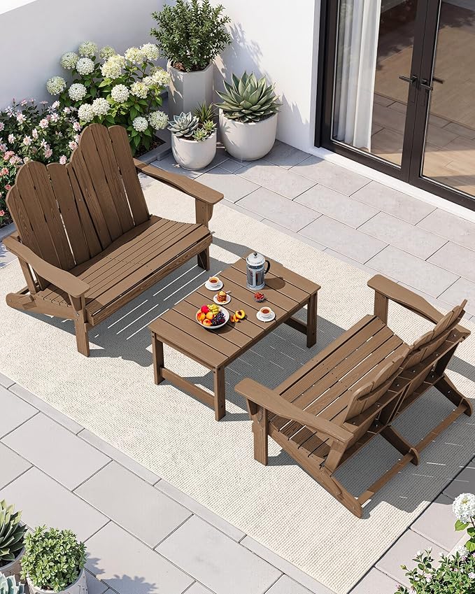 SERWALL Folding Adirondack Bench, HDPE All-Weather Adirondack Loveseat Set of 2, Brown