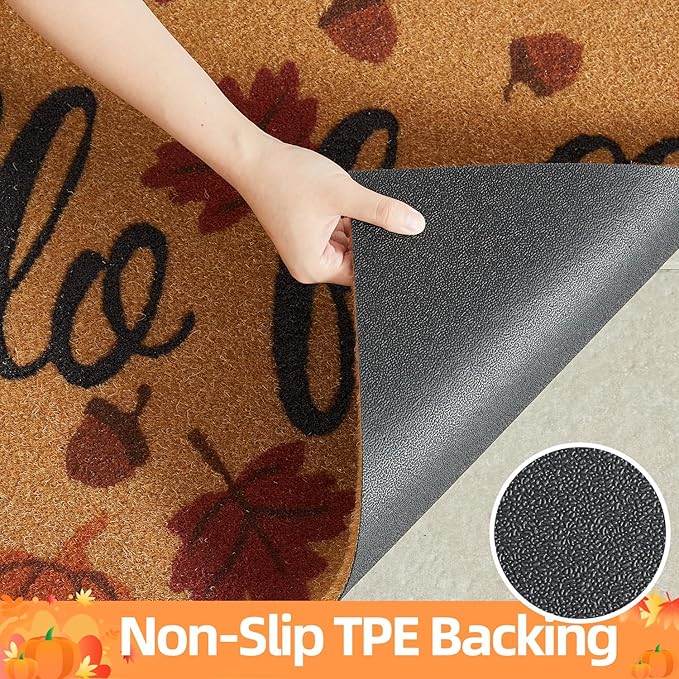 Hello Fall Pumpkin Door Mat Autumn Welcome Mat for Front Door Outdoor Entrance Doormat Coir Dirt Trapper with Non Slip Backing,17x30, Maple Leaves