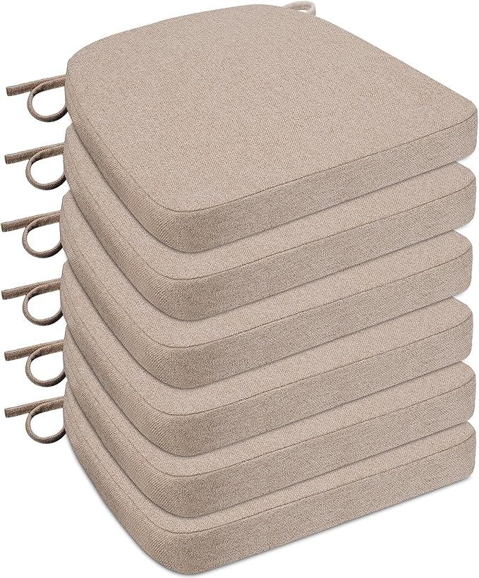 Chair Cushions for Dining Chairs, D-Shaped Seat Cushions with Removable Washable Cover and Ties, Chair Pads for Kitchen, Indoor Dining Room, Patio Chairs, 17'' x 16'', Set of 6, Khaki
