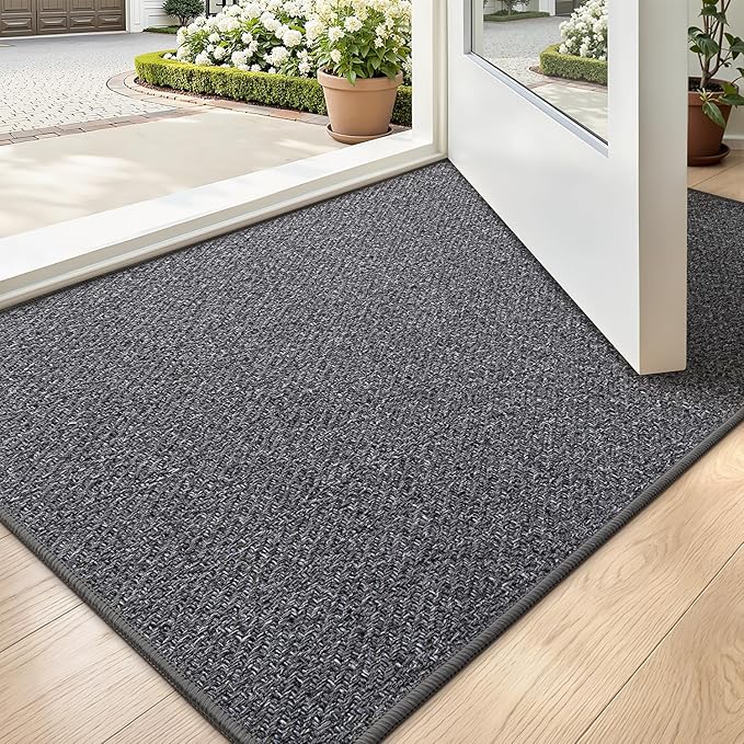 LUMI Ultra Thin Indoor Door Mat for Entrance 24"x36", Non Slip Entryway Mat, Low Profile Doormat, Unique Herringbone Design Carpet for Inside, Patio, Porch, Dark Gray