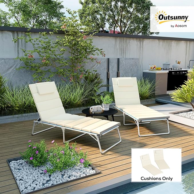 Outsunny Outdoor Lounge Chair Cushion Set of 2, 80" x 26" UPF50+ 230gsm Olefin and 25D High-Density Foam, Foldable Patio Chaise Lounge Cushion Set, Fade Resistant for Lawn Pool, Cream White