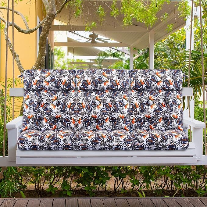 Barydat 4 Pcs Tufted High Back Chair Cushion Indoor Outdoor Seat and Back Cushions Palm Leaves Tropical Plants Lawn Rocking Chair Pads with Ties for Adirondack Patio Garden(Brown Blue)