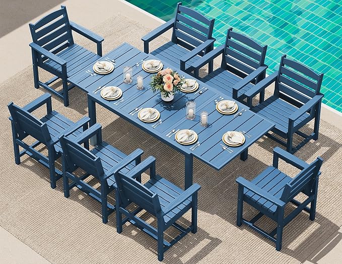 SERWALL 9-Piece Outdoor Dining Set, 60" - 83" Expandable Outdoor Dining Table and 8 HDPE Chairs, All Weather HDPE Outdoor Furniture Set for Backyard, Garden, Blue