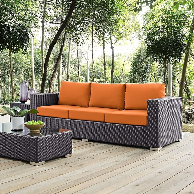 Modway Convene Wicker Rattan Outdoor Patio Sofa with Cushions in Espresso Orange