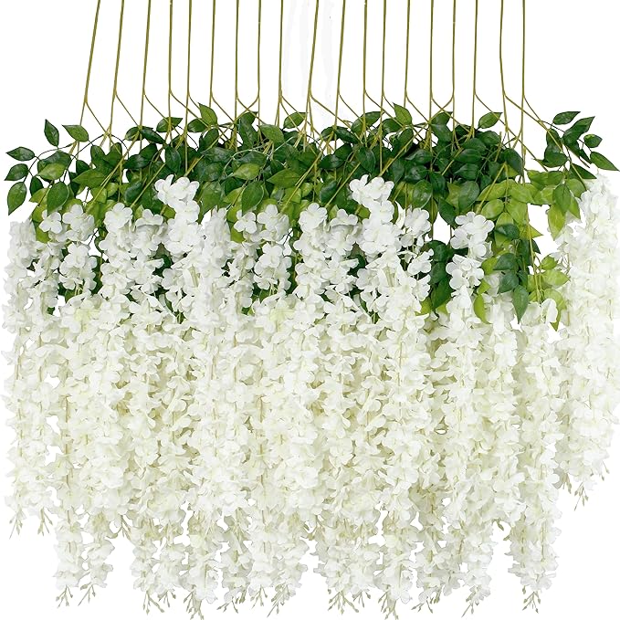 6Pcs Wisteria Hanging Flowers 3.6 Feet/Piece White Dense Fake Wisteria Vine Ratta Hanging Garland Silk Flowers String Home Party Wedding Decor(White-Dense)
