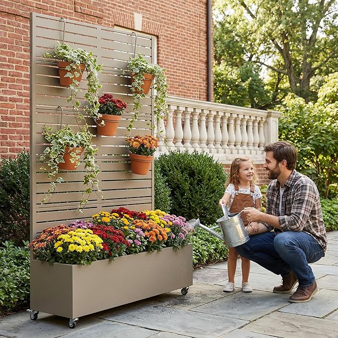 Casaphoria Metal Raised Garden Bed with Trellis and Wheels, 72"x47"x16" Planter Box for Climbing Plants, Vegetables & Vines, Features Drainage Holes and Privacy Screen, Green-Louvered