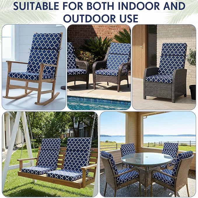 4 Pack Outdoor High Back Chair Cushion, 44 x 20 inches Patio Chair Cushions Waterproof Rocking Cushions Indoor Furniture Seat Pad, Weather Resistant (Moroccan,Blue)