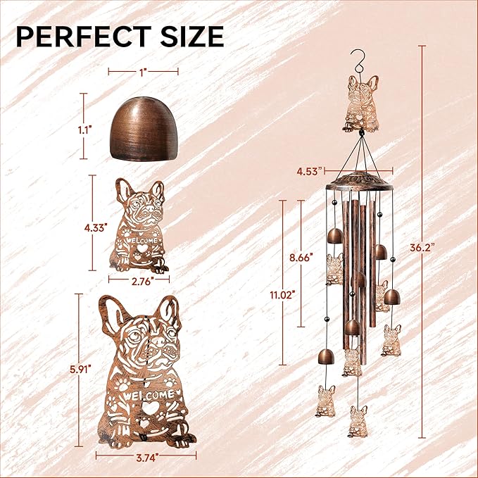 French Bulldog Wind Chimes for Outside, Decorative Wind Chimes French Bulldog Gifts for Women, Memorial Windchimes Outdoors with S Hook for Patio Garden Decor, Birthday Gifts for Mom Grandma （Copper）