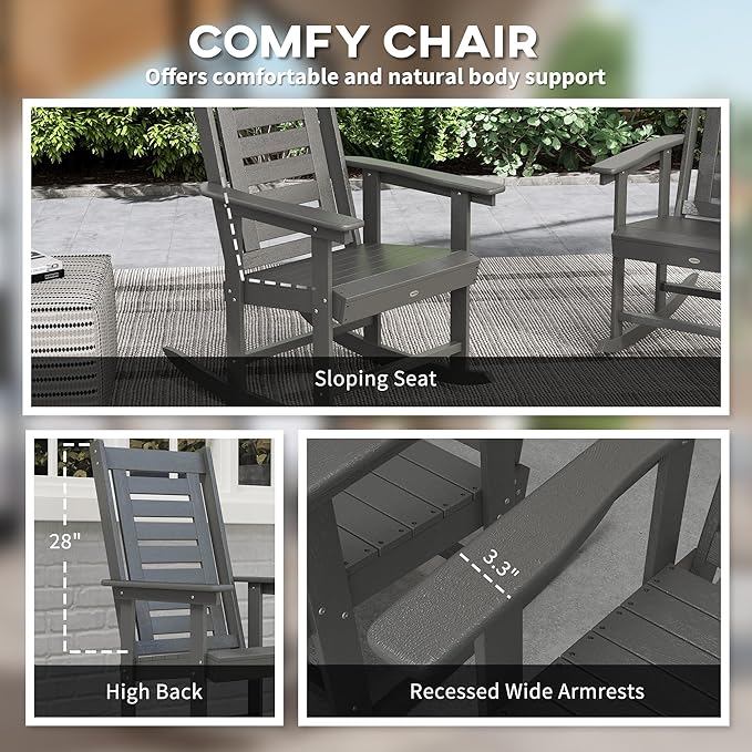 Outsunny Outdoor Rocking Chairs Set of 2, HDPE Patio Rocking Chairs with 28" High Back and Wide Armrests, All-Weather Slatted Porch Rockers for Garden, Balcony, Fire Pit, Dark Gray