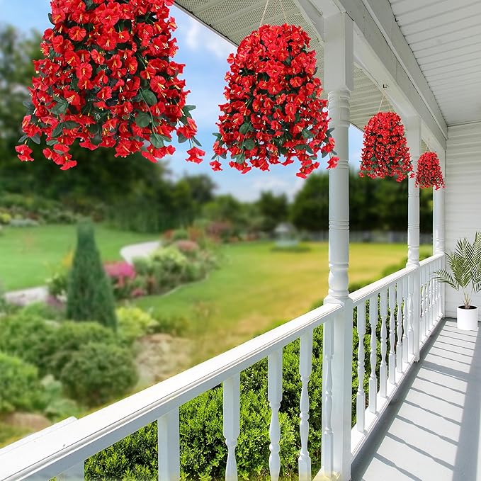 Sggvecsy Artificial Fake Hanging Flowers Plants for Outdoor Outside Spring Summer Decoration 2PCS Faux Silk UV Resistant Realistic Morning Glory Trailing Vines for Home Porch Patio Balcony(Red)