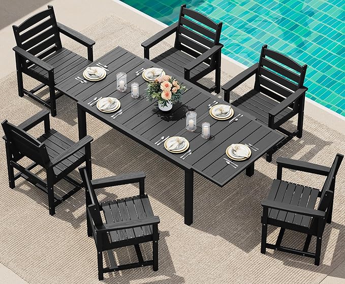 SERWALL 7-Piece Patio Dining Sets, 60" - 83" Expandable Outdoor Dining Table and 6 HDPE Chairs, All Weather HDPE Outdoor Furniture Set for Backyard, Garden, Black
