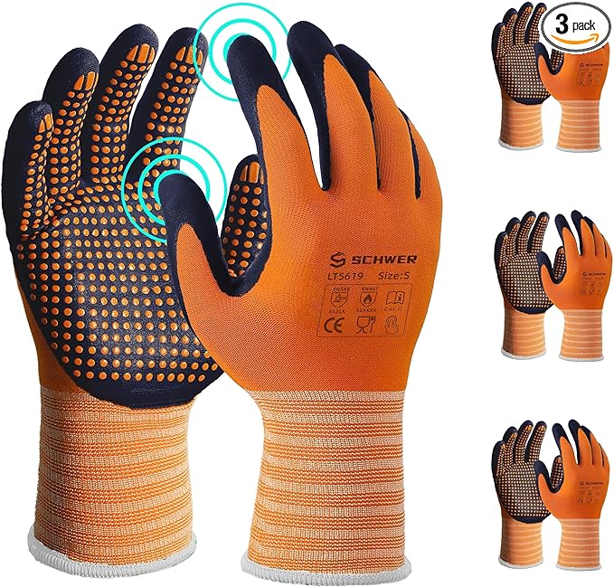 Schwer 3 Pairs Safety Work Gloves Micro-Foam Nitrile Coated, Level 4 Abrasion Resistant Nylon Working Gloves with Micro Dot Grip, Touchscreen, Used for General Use, Gardening, Mechanic, LT5619, S
