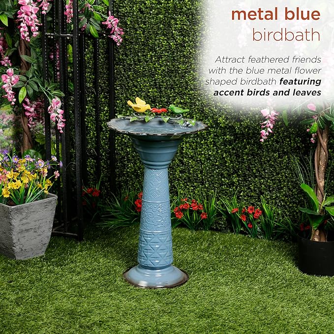 Alpine Corporation ORS112BL Vintage Metal Pedestal Birdbath with Stand, Shallow Bird Bath Bowl for Outside, 28" H, Blue
