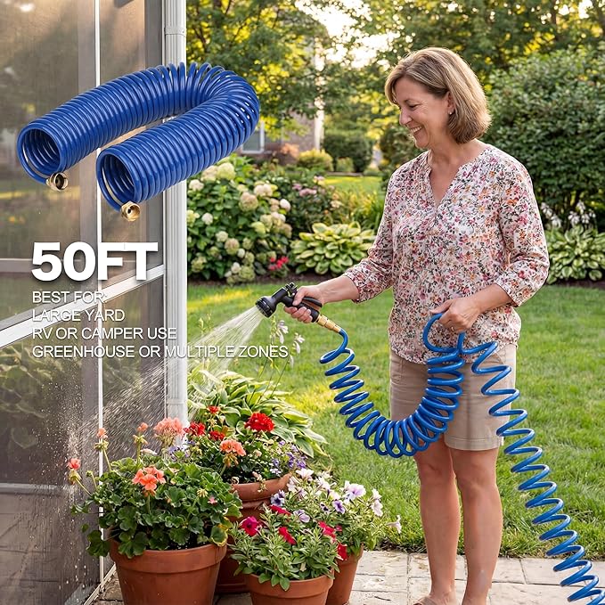 EVA Coil Garden Hose for Gardener: Retractable Self Coiling Hoses with 3/4" GHT Solid Brass Fittings - Kink Free and Flexible for Home and Garden Yard (50FT, Blue)
