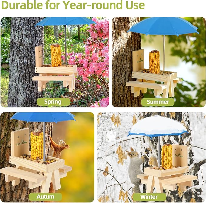 MIXXIDEA Squirrel Feeder Table with Umbrella, Wooden Squirrel Picnic Table Feeder, Sturdy Squirrel Feeder Corn Cob Holder, with Solid Structure and 2 x Thick Benches(Blue)
