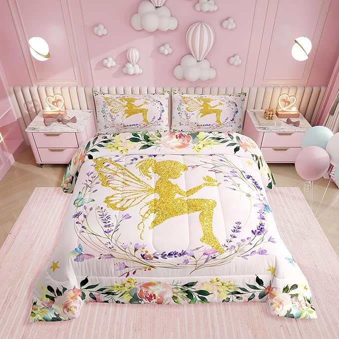Erosebridal Dreamy Fairy Twin Comforter Set,Fairy Garden Floral Bedding Sets for Girls Kids,Pink Flower Butterfly Quilt Bed Set,Sweet Princess Cute Bedroom Decor,1 Pillowcase Reversible