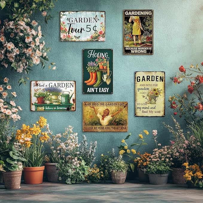 10 Pcs Vintage Funny Garden Metal Sign 12 x 8 Inch Rustic Garden Sign Retro Flowers Plant Greenhouse Wall Decor for Women Outdoor Indoor Home Patio Country Plant Lovers