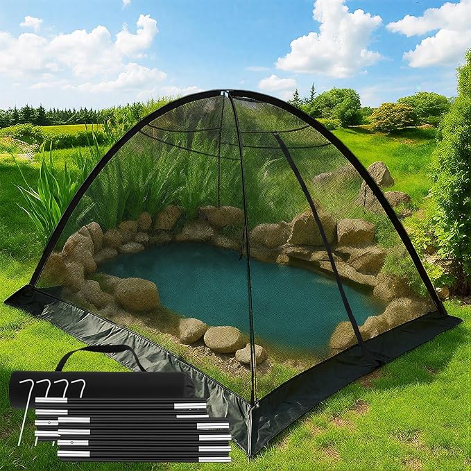 Pond Cover Dome Net 8x10ft Netting Pond Covering Tent with Zipper Storage Straps, Fiberglass Poles, Ground Nails, Tie Ropes for Outdoor Garden Fish Pool Protection from Leaves Animals