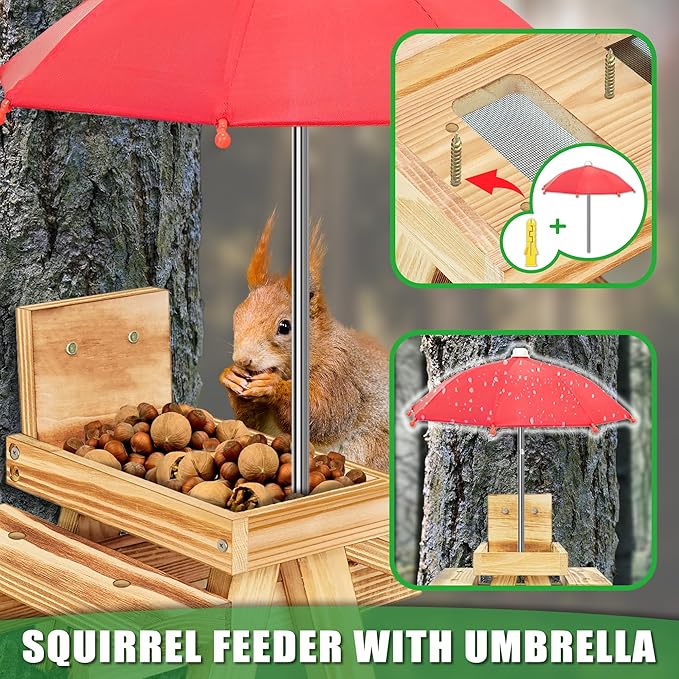Carbonized Wood Squirrel Feeder with Umbrella, Squirrel Feeders for Outside Funny squrrill Picnic Table with Solid Structure Waterproof Chipmunk Feeder with Corn Cob Holder