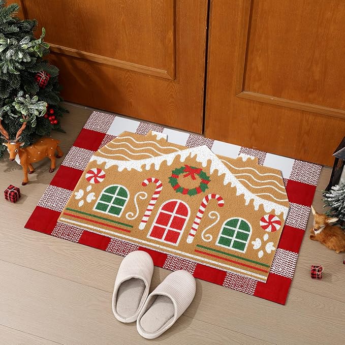 Tinideya 2 Pcs Christmas Door Mat Gingerbread House Welcome Non Slip Coir Mats Merry Xmas Red White Buffalo Plaid Floor Layering Doormats Seasonal for Front Porch Entryway Decor(Gingerbread House)