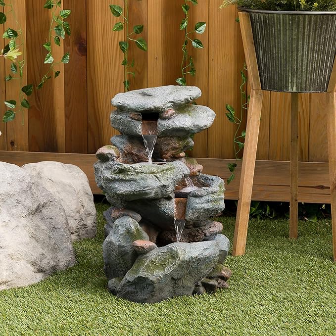 Alpine Corporation 22" Tall 3-Tier Outdoor Rock Waterfall Fountain with LED Lights, Natural Stone Look for Garden, Patio, Yard & Porch Decor, Gray