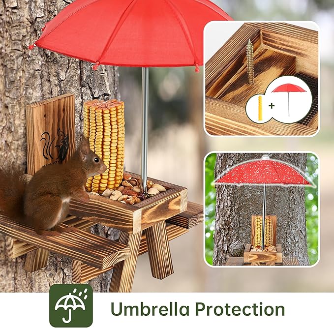Squirrel Feeder for Outside with Umbrella, Carbonized Wood Squirrel Picnic Table Feeder with Corn Cob Holder & Peanut Tray, Durable Picnic Table for Squirrel and Chipmunk, New Premium Gift (Brown-red)