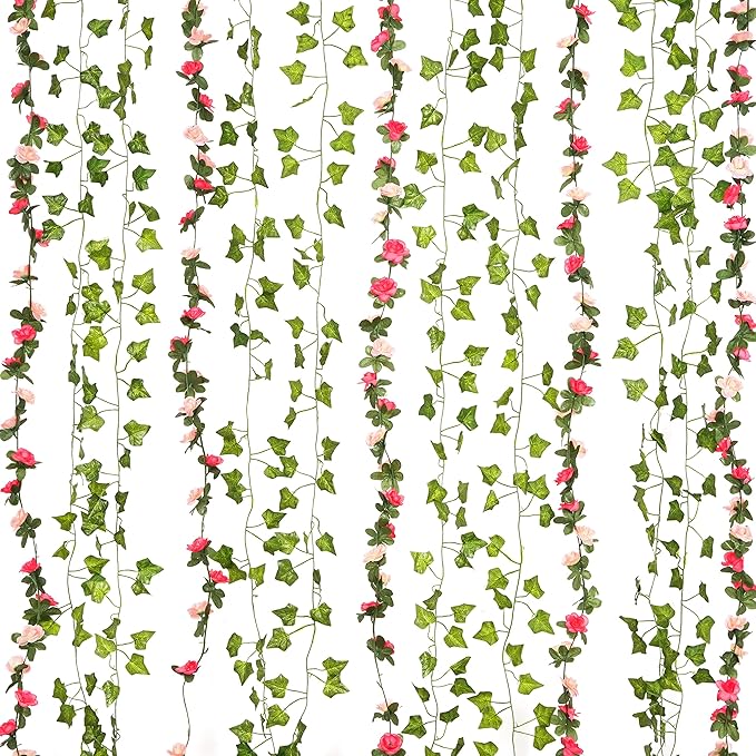 BLEUM CADE 5 Pcs 41Ft Flower Garland Artificial Rose Vines with 5 Pcs 34.5Ft Fake Ivy Vines, Hanging Fake Flower Vines for Wedding Party Valentines Day Christmas Wall Room Decor Aesthetic